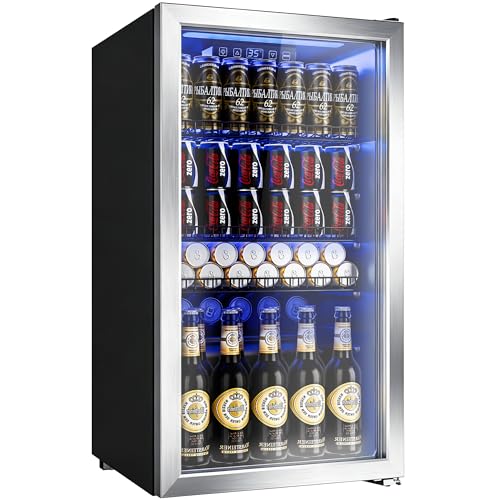 Manastin Beverage Refrigerator Cooler-Mini Fridge Freestanding Cooler with Glass Door, Adjustable Shelves & Digital Temperature Display for Soda, Wine or Beer (Silver, 3.2 Cu.Ft)