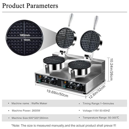 110V 2600W Commercial Double Waffle Maker,Non-Stick Commercial Waffle Baker,Stainless Steel Belgian Waffle Iron for Restaurant Party Food Stall, Bakery Snack Bar Family