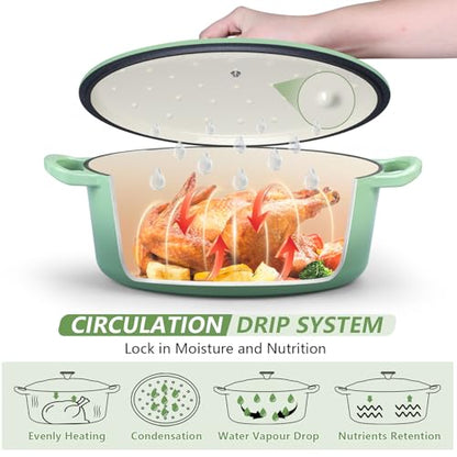 P&P CHEF Oval Dutch Oven with Lid, Enameled Cast Dutch Oven Pot for Bread Baking, Braising, Stewing, Roasting, Non-Stick & Oven Safe, Dual Handles & Easy Clean, 5QT & Pistachio Green, Valentine's Day
