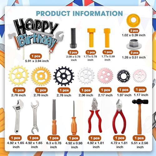 UFROMSKY 23pcs Tools Cake Toppers Toolbox Gear Wrench Hammer Drill Plier Cake Decorations with Happy Birthday Topper, for Boys Screwdrivers Themed Party Supplies