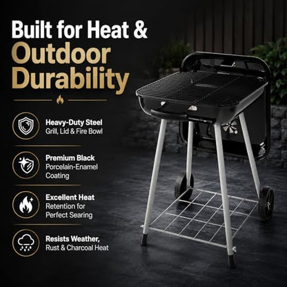 17.5 Inch Square Charcoal Grill with Wheels, Portable Outdoor BBQ Kettle