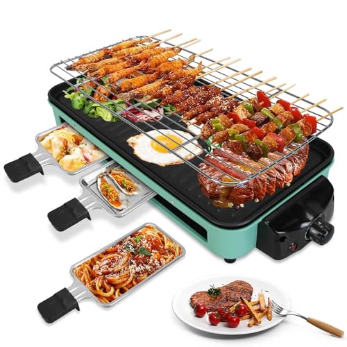 TeqHome 1500W Electric Indoor Grill,2 in 1 Smokeless Raclette Table Grill for Kitchen,Barbecue Korean BBQ Grill with Grill Net,Non-Stick Cooking Removable Plate & 5 Temperature Control，Dishwasher Safe