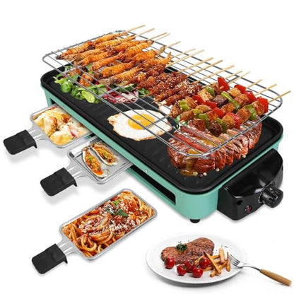TeqHome 1500W Electric Indoor Grill,2 in 1 Smokeless Raclette Table Grill for Kitchen,Barbecue Korean BBQ Grill with Grill Net,Non-Stick Cooking Removable Plate & 5 Temperature Control，Dishwasher Safe