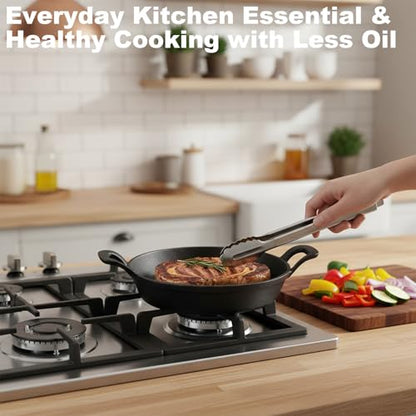 4 Sets Mini Cast Iron Skillet, 6.3 Inch Small Cast Iron Skillets with Wooden Base, Round Mini Pan Fajita Plate Iron Pan Pot, Heavy Duty Cast-iron Cookware for Baking, Frying, Cooking, Serving & More