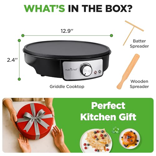 Nutrichef Electric Crepe Maker & Griddle Cooktop - Nonstick 12 Inch Aluminum Hot Plate with LED Indicator Lights & Adjustable Temperature Control - Wooden Spatula & Batter Spreader Included