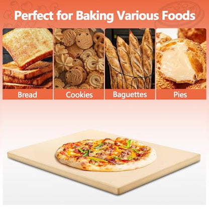 MAXTBEE 15x12 Inch Rectangle Pizza Stone for Oven and Grill, 0.6" Thick Heavy Duty Cordierite Bread Baking Stone for Crisp Pizza Cookies (With Scraper and Parchment Papers)