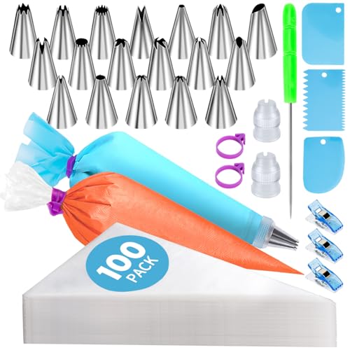 130 Pcs Piping Bags and Tips Set, Cakes Decorating Kit Supplies with 100 Pcs 12 Inch Piping Bags, 1 Reusable Pastry Bags, 18 Tips, 2 Couplers, 2 Bags Ties, 3 Clips, 1 Scriber Needle, 3 Cake Scraper