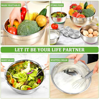 Eallpha Mixing Bowls with Lids Set,10pcs Stainless Steel Mixing Bowls with Graters and Egg Whisk &Non-Slip Bottoms Food Prep Nesting Bowls for Baking, Cooking, Meal Storage(1.2QT-5.5QT)