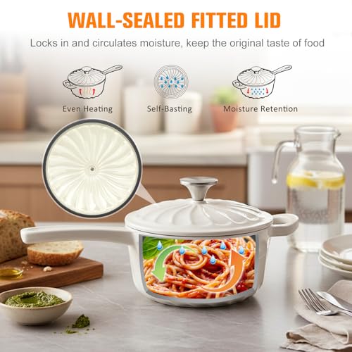NSIRONS Enameled Cast Iron Sauce Pan, 2 Quart Saucepan with Lid, Small Cast Iron Pot Enamel Saucepan for Cooking Pasta Sauce, Gravy, Puddings, Marinate, Boiling (White)