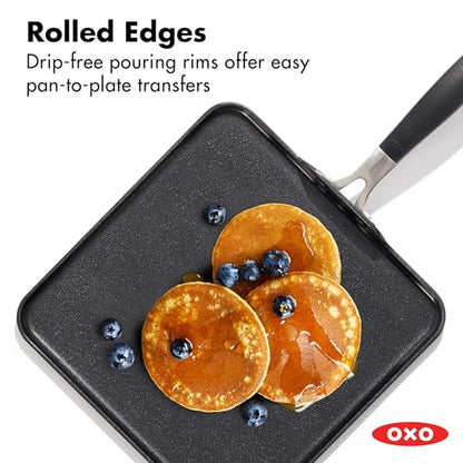 OXO 11” Non-Stick Every Day Square Griddle, BPA-Free Comfort Grip Silicone Handle, Dishwasher & Oven Safe, PFAS-Free Ceramic Skillet, Pancake Pan, Black