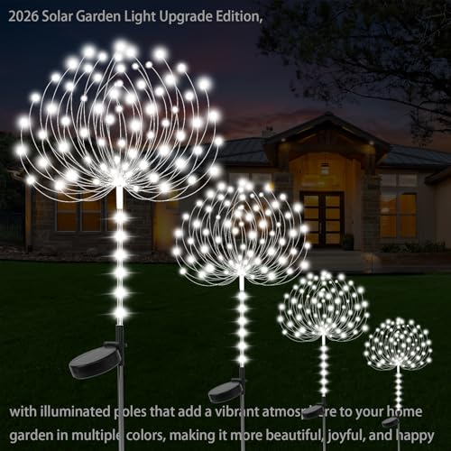 Garden Decor Solar Lights Outdoor,155LED 8 lighting modes pole light Waterproof White Solar Garden Lights for Christmas, Halloween Decoration,Yard, Patio, Porch,Flower Pot,Pathway (2Pack)