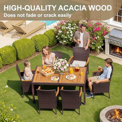 Devoko 7 PCS Acacia Wood Patio Dining Set, Brown Rattan
