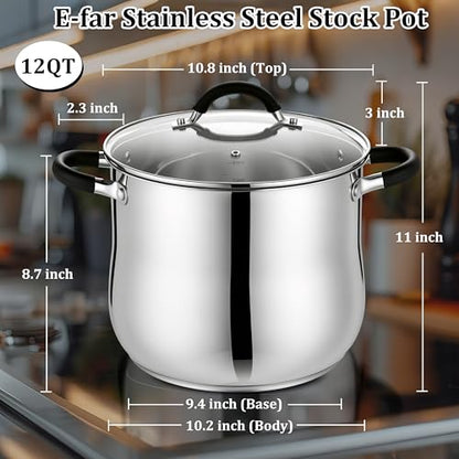 E-far 12 Quart Stock Pot, Stainless Steel Pot with Lid for Cooking Soup Simmering Stew, Tall Induction Pot w/Tri-Ply Thick Base, Large Cooking Pot w/Dual Heat Proof Handles, No-Toxic & Dishwasher Safe