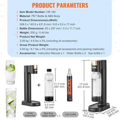 VEVOR Sparkling Water Maker, Soda Maker Machine for Home Carbonating, Soda Maker with 2 BPA-free 1L PET Bottles, CO2 Cylinder(Not Contain CO2 GAS), Compatible with Mainstream Screw-in 60L CO2 Cylinder