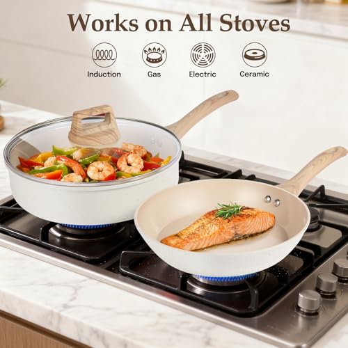 M MELENTA Pots and Pans Set Non Stick, Non-Toxic Ceramic Cookware Set, 11pcs Induction Cookware, Kitchen Cooking Set with Frying Pans, Saucepan, Stock Pot, PFOA Free & PFOS Free, Cream Color