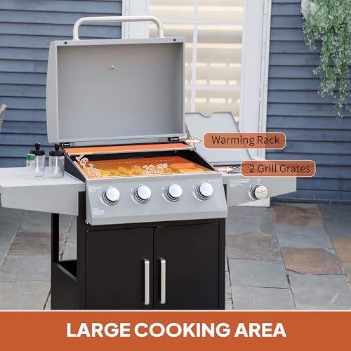 Outsunny 4 Burner Propane Gas Grill with Side Burner, 48,000 BTU Steel Outdoor Barbecue Grill with Cabinet, Shelf, Warming Rack, Thermometer, Wheels, Silver