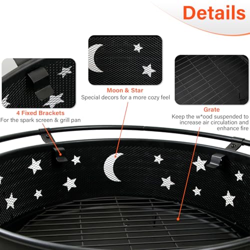 Quilushey 32 Inch Fire Pit Outdoor Fireplace, 2 in 1 Metal Round Firepit for Outside Bonfire Party, BBQ, Camping, Backyard, Patio, Garden, Picnic w/Fire Poker, Spark Screen, Grate, Cover (Moon&Star)
