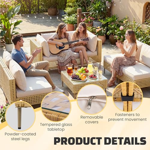 LHBcraft 7-Piece Outdoor Furniture Set, Handmade Rattan Patio Furniture Set, Outdoor Sectional Furniture, Patio Sectional with Fluffy Cushions and Coffee Table, Yellow Beige