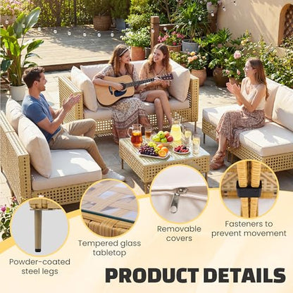LHBcraft 7-Piece Outdoor Furniture Set, Handmade Rattan Patio Furniture Set, Outdoor Sectional Furniture, Patio Sectional with Fluffy Cushions and Coffee Table, Yellow Beige