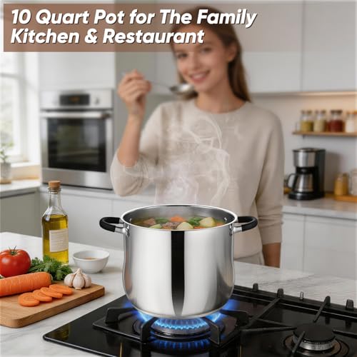 P&P CHEF Stainless Steel Stock Pot, 10 Qt Cooking Soup Pot with Visible Lid for Pasta, Tri-Ply Bottom & Dual Heatproof Handles, For Induction Gas All Stoves, Non-Toxic & Dishwasher Safe