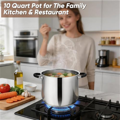 P&P CHEF Stainless Steel Stock Pot, 10 Qt Cooking Soup Pot with Visible Lid for Pasta, Tri-Ply Bottom & Dual Heatproof Handles, For Induction Gas All Stoves, Non-Toxic & Dishwasher Safe