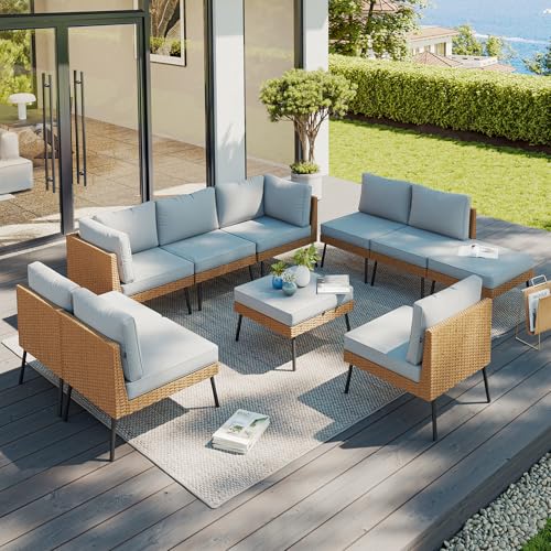 Aoxun 10 Piece Patio Furniture Set, 10 Seats Outdoor Sectional Sofas with Thick Cushion, Wicker Outdoor Patio Furniture Set with Ottomans for Party, Garden, Backyard, Grey