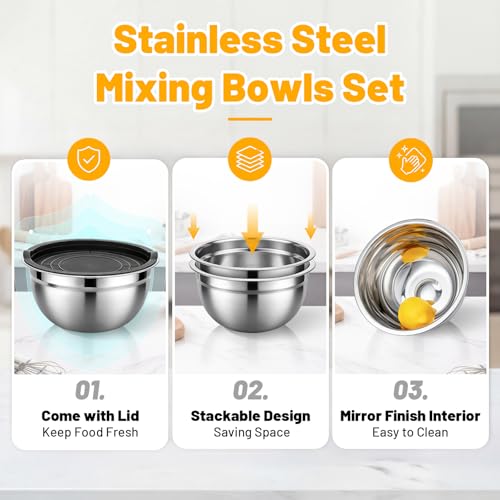 Beasea Mixing Bowls with Lids, 2 Pack 1.5 QT Small Stainless Steel Mixing Bowls with Airtight Lids, Nesting Metal Bowl Set for Kitchen, Baking, Prepping, Serving, Cooking