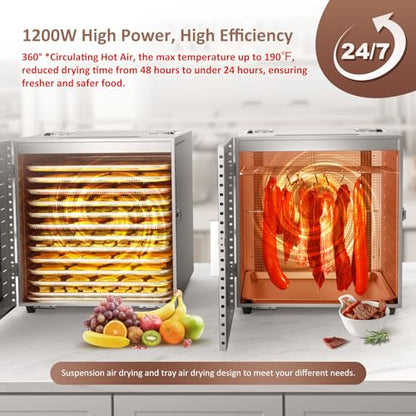 Ausegia Commercial Large 12 Trays Food Dehydrator, Usable Area up to 22.67ft², 1200W Full Stainless Steel Dryer Machine, up to 190℉ Temperature, for Meat, Fruit, Veggies, Beef, Herbs, Pet Foods