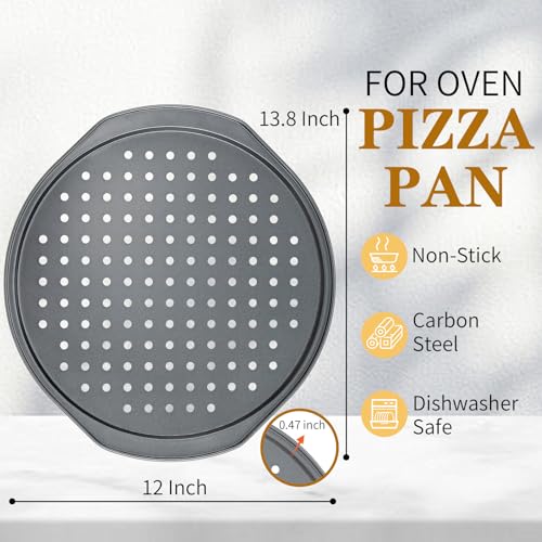 Bestdin 5Pcs Pizza Pan Set - 12 inch Pizza Pan with Holes, Non-stick, Pizza Oven Accessories with 2 Carbon Steel Round Pans, Pizza Cutter and 2 Gloves, Dishwasher Safe