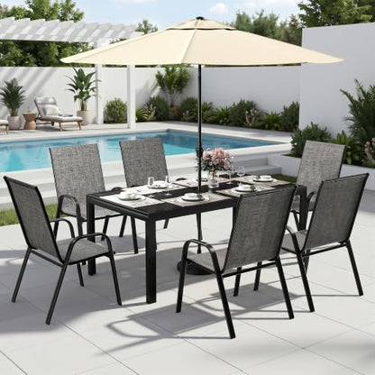 PATIOPIA 7PCS Patio Dining Set, Steel Table & 6 Textilene Chairs, Charcoal