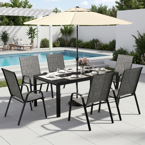 PATIOPIA 7PCS Patio Dining Set, Steel Table & 6 Textilene Chairs, Charcoal