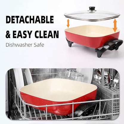 I-Keukenn 15'' Ceramic Nonstick Electric Skillet with Tempered Vented Glass Lid,Removable Easy-to-Clean,Thermostat Control to Prevent Overheating, Red