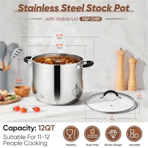 P&P CHEF Stainless Steel Stock Pot, 12 Qt Cooking Soup Pot with Visible Lid for Pasta, Tri-Ply Bottom & Dual Heatproof Handles, For Induction Gas All Stoves, Non-Toxic & Dishwasher Safe