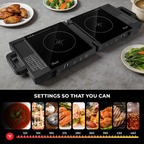 Rosewill Foldable Dual Induction Cooktop Burner, 1800W Portable Double Burner with 8 Cooking Modes & 9-Hour Timer, Auto Shutoff, Electric Stove for Home, Dorms, RVs, Small Kitchen - Black