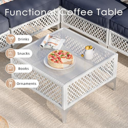 Vikiullf Patio Conversation Set, 7 Piece Outdoor Sectional Sofa Set with Coffee Table, White Wicker with Grey Cushions (White and Grey, 7 piece)