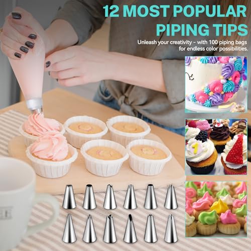 HOTEC Piping Bags and Tips Set, 120 Pcs Cake Decorating Kit with 100pcs 12 Inch Disposable Pastry Bags, 1 Reusable Piping Bags, 12 Piping Tips, 3 Cake Scraper, 2 Couplers, 2 Bag Ties, Baking Supplies