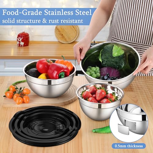 LIANYU Mixing Bowls with Lids Set of 3, Large & Small Stainless Steel Nesting Metal Bowls for Kitchen Storage, Dishwasher Safe, Size 1.5QT & 3QT & 4.6QT, Black