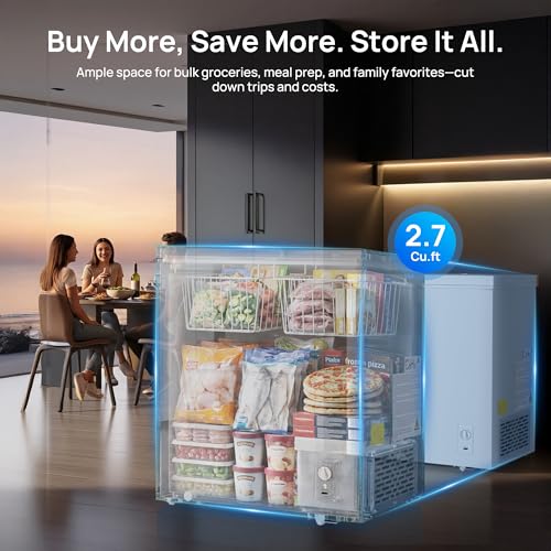 2.7 Cu.Ft Chest Freezer, Small Compact Deep Freezer with Adjustable 7 Thermostat,2 Removable Baskets, Energy Saving, Quiet Top Open Door Mini Meat Freezer with LED Light for Garage Outdoor Home Office