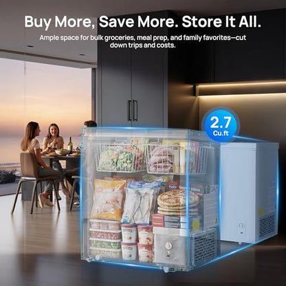 2.7 Cu.Ft Chest Freezer, Small Compact Deep Freezer with Adjustable 7 Thermostat,2 Removable Baskets, Energy Saving, Quiet Top Open Door Mini Meat Freezer with LED Light for Garage Outdoor Home Office