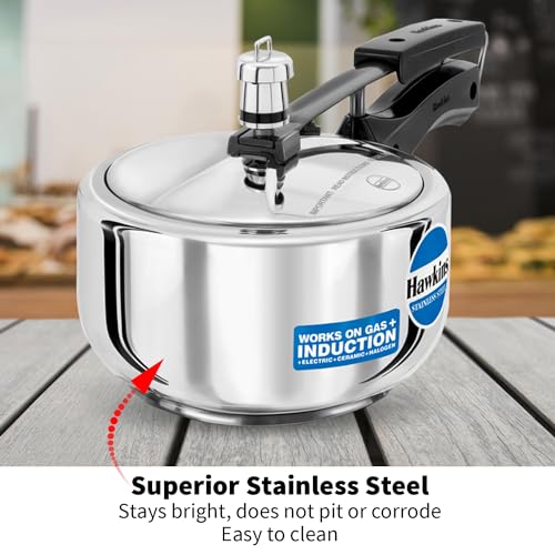 Hawkins Pressure Cooker, Stainless Steel Inner Lid Cooker, Induction Cooker, Small Cooker, Silver HSS20 2 Litre