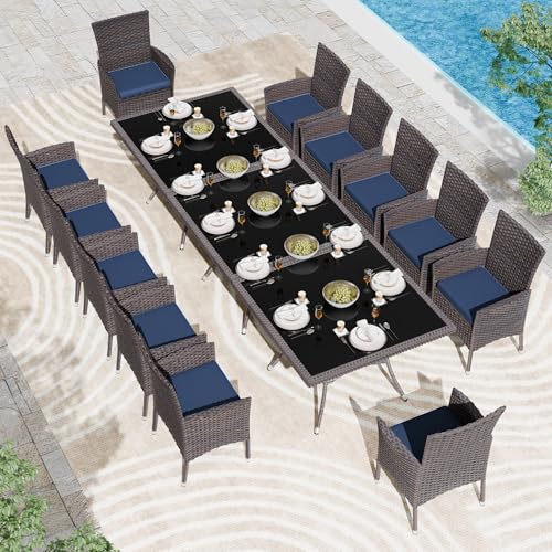 Kullavik 15 Pieces Outdoor Dining Set Patio Rattan Furniture Set,Patio Dining Table and Chairs Set with 12 Chairs and Cushions,Square Glass Tabletop with Umbrella Hole for Patio,Backyard,Navy Blue