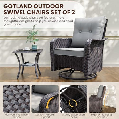 Gotland 11 Pieces Patio Furniture Set with Fire Pit Table Swivel Chairs, PE Rattan Outdoor Furniture with 29.5'' High Backrest 4’’ Thick Cushions, Outdoor Sectional for Porch, Deck, Garden, Grey