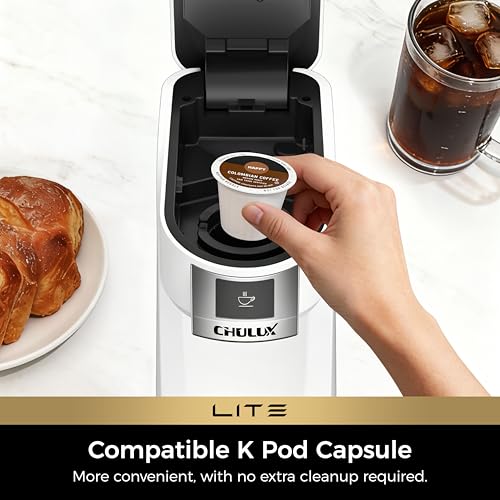 CHULUX Lite Single Serve Coffee Maker for K Cup Capsules, Single Cup Reservoir Coffee Maker with One Touch Brewing, 5 to 12 Oz Brew Sizes, Designed Specifically for Standard Mugs, White