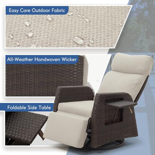 Mvpipi Adjustable Outdoor Recliner Chair with Independent Backrest & Footrest, Patio Swivel Recliner Chair, Wicker Reclining Patio Chair w/Flip-Up Table, Air Pump 155° Lay Flat Chaise Lounge, Beige