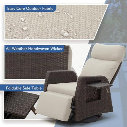 Mvpipi Adjustable Outdoor Recliner Chair with Independent Backrest & Footrest, Patio Swivel Recliner Chair, Wicker Reclining Patio Chair w/Flip-Up Table, Air Pump 155° Lay Flat Chaise Lounge, Beige