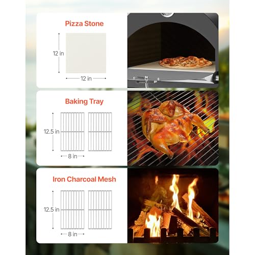 VEVOR Portable Outdoor Oven, 12-inch Stand Pizza Oven with Casters, Pellet & Chips & Charcoal & Firewood Four Fuel, Baked Paint Pizza Grill, Includes Pizza Stone, Pizza Shovel, for Camping & Backyard