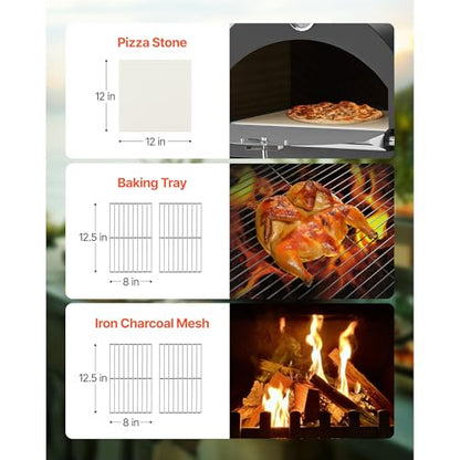 VEVOR Portable Outdoor Oven, 12-inch Stand Pizza Oven with Casters, Pellet & Chips & Charcoal & Firewood Four Fuel, Baked Paint Pizza Grill, Includes Pizza Stone, Pizza Shovel, for Camping & Backyard