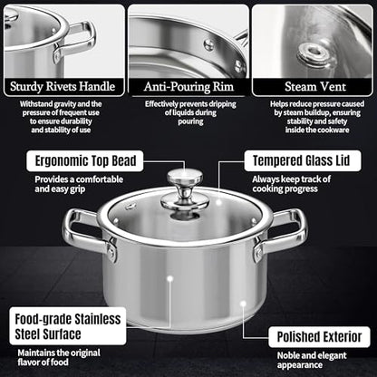 ASKSCICI Stainless Steel Cookware Set, 16-Piece Pots and Pans Set Non Toxic, Kitchen Induction Cookware with Glass Lids, Steamer, Utensil Sets, Pot Protectors & Apron, Oven & Dishwasher Safe, Silver