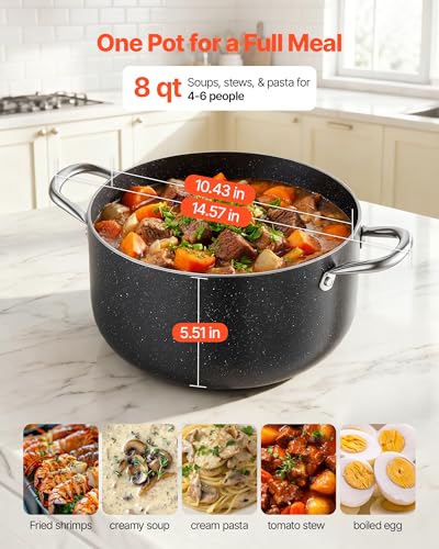 VEVOR Aluminum Stock Pot, 8-Quart Nonstick Ceramic Coated Pot with Glass Lid, PFOA-Free, PFAS-Free, Compatible with Gas Stoves, Induction Cooktops, Electric Stoves, for Soups, Stews, and Pasta