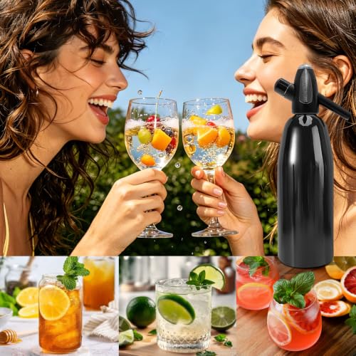 Soda Siphon, 1L Portable Seltzer Maker - Retro-Style Sparkling Water Machine for Homemade Carbonated Drinks, Juices & Cocktails, Uses 8g CO2 Cartridges (Cartridges Not Included) - Black
